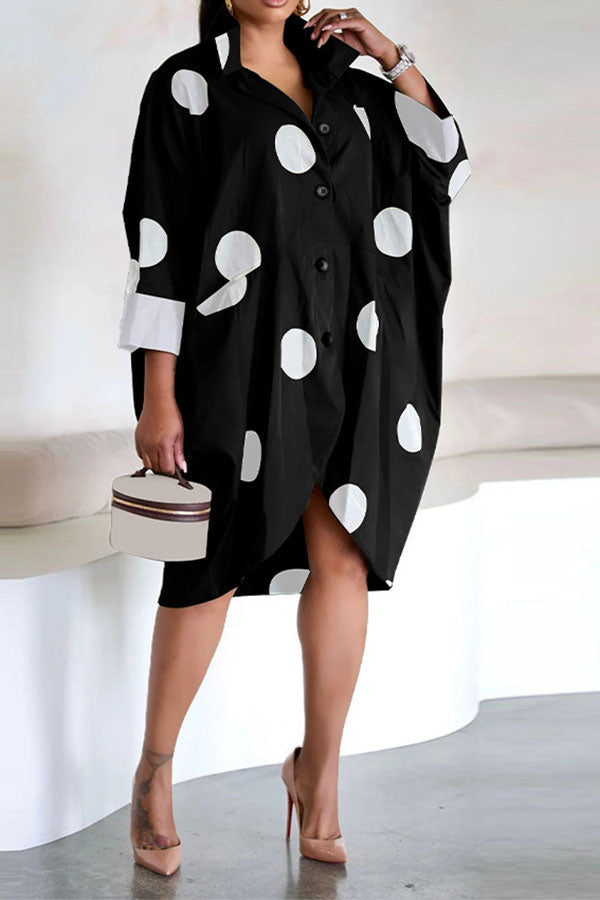 storexq Polka Dot Oversized Button Irregular Midi Dress