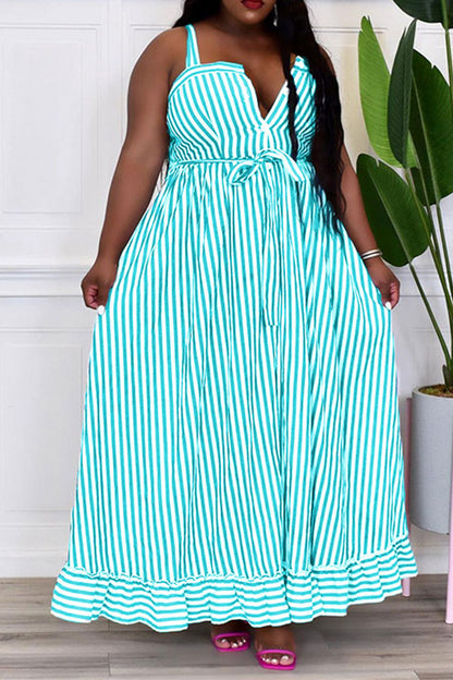 storexq Striped Classic Button Down Belted Midi Dress