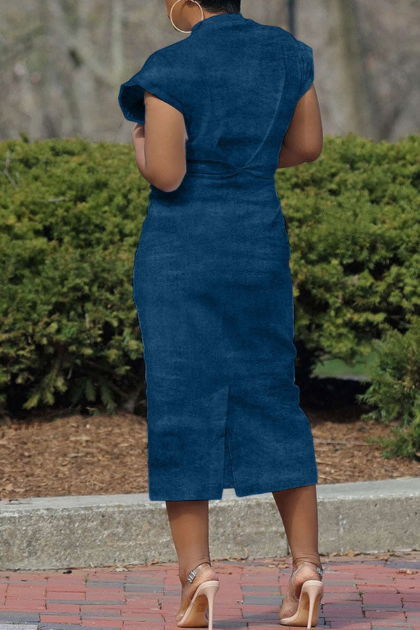 storexq Solid Color Casual Patch Pocket Denim Midi Dress