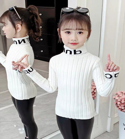 Girls turtleneck sweater autumn and winter 2024 new children's foreign pullover thread clothes little girls knitted sweater winter children's clothing