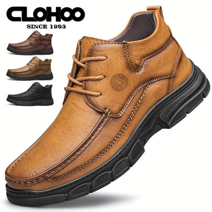 CLOHOO Mid-Top Mens Solid Ankle Shoes - Wear-Resistant Anti-Skid PU Upper Lace-Up Shoes with Round Toe Cap for Casual Daily Outdoor Use - Breathable PU Insole, Rubber Sole, and All-Season Versatility