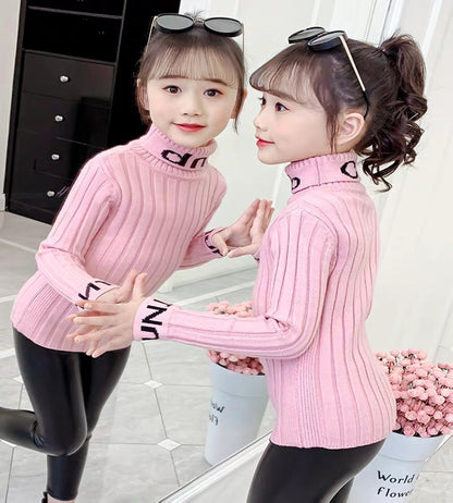 Girls turtleneck sweater autumn and winter 2024 new children's foreign pullover thread clothes little girls knitted sweater winter children's clothing