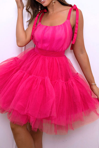 storexq Solid Color Tie Shoulder Girly Tulle Bubble Mini Dress