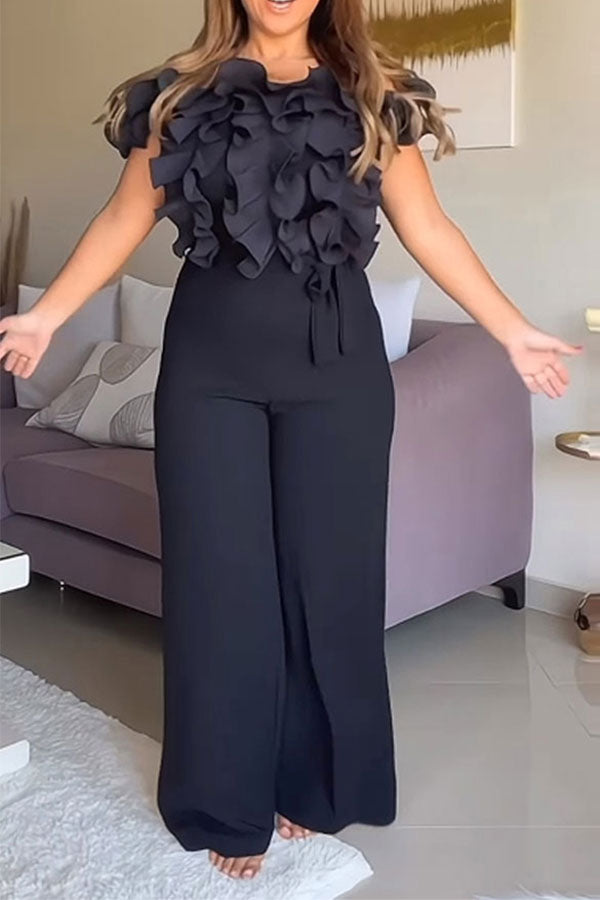 storexq Solid Color Ruffles Glamorous Off Shoulder Jumpsuit