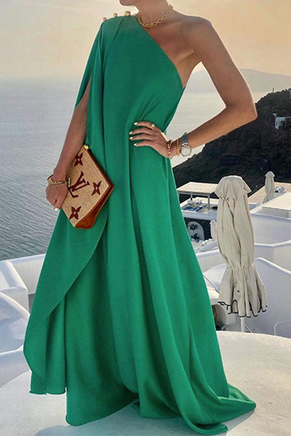 storexq Solid Color Chic One Shoulder Flowy Maxi Dress