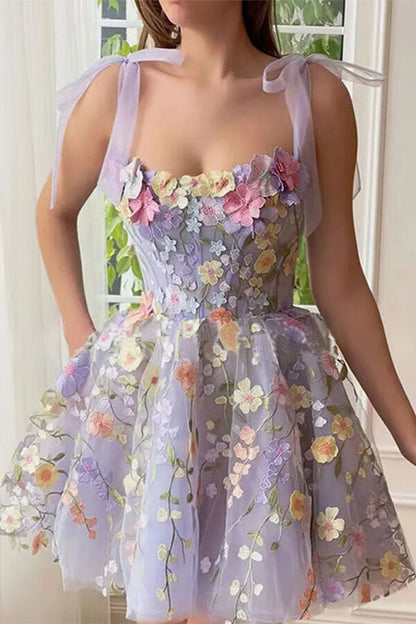 storexq Floral Embroidery Sweet Tie Shoulder Tulle Mini Dress