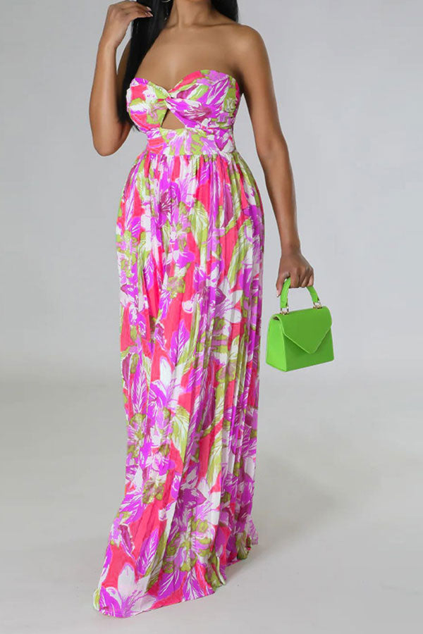 storexq Floral Print Twisted Detail On-trend Pleated Jumpsuit