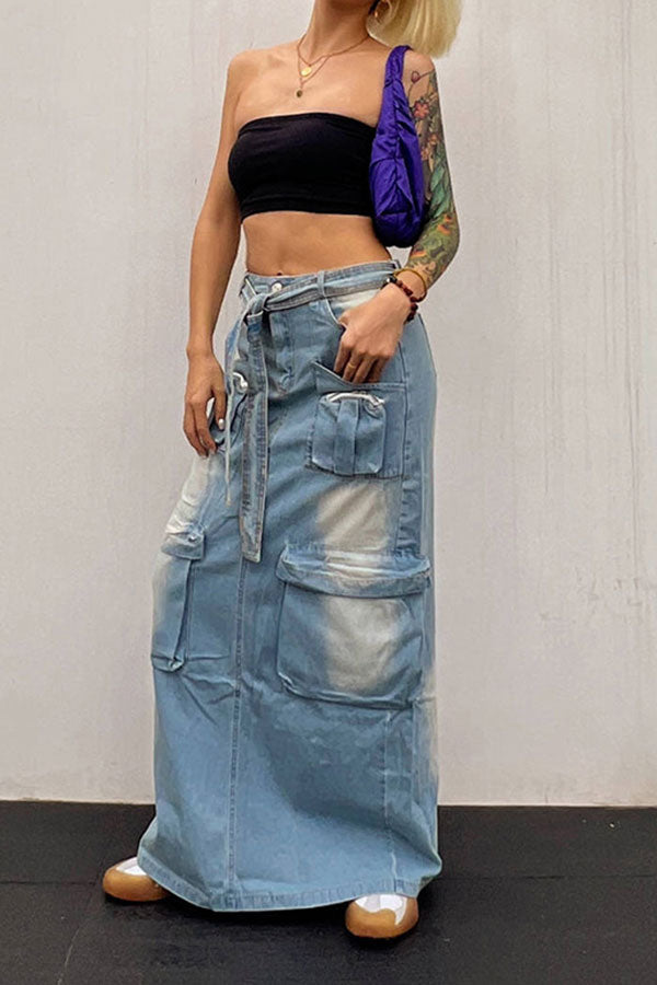 storexq Gradient Punk Multi Pocket Belted Denim Skirt