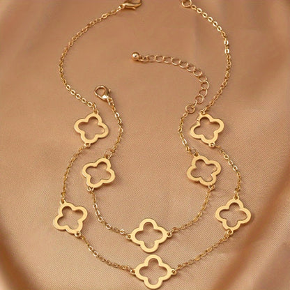 Timeless Chic - Dazzling Clover Charm Jewelry Set - Versatile Golden Necklace & Bracelet for Commuters