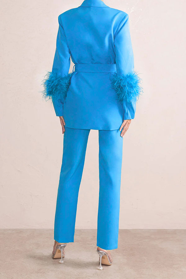 storexq Solid Color Feather Trim Elegant Belted Pant Suit