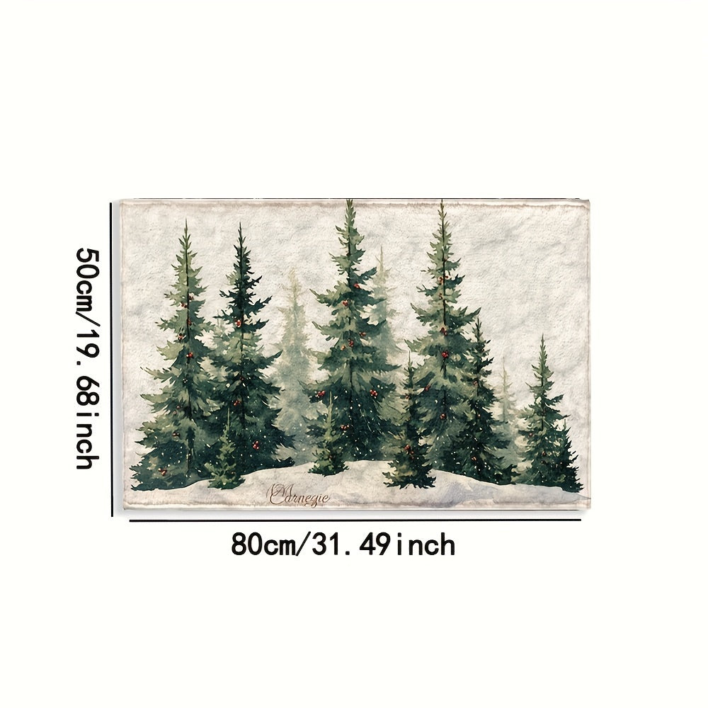 1pc Ultra Soft Microfiber Christmas Tree Snow Scene Non-Slip Bath Mat, Quick Dry Absorbent, Machine Washable, Stain Resistant, Rectangle Polyester Rug for Bathroom, Kitchen, Shower, Ideal for Holiday Decor, Fluffy Plush Winter Decor Decoration