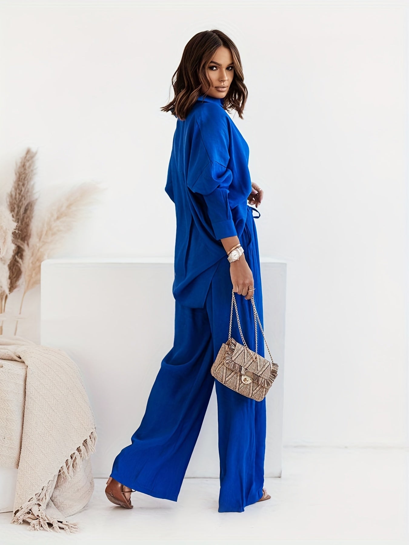 Two-Piece Solid Color Casual Outfit - Long Sleeve Lapel Collar Shirt & High Waist Wide Leg Pants Set with Drawstring Details - Polyester Knit Fabric, Mid Elasticity, Spring/Fall Wear