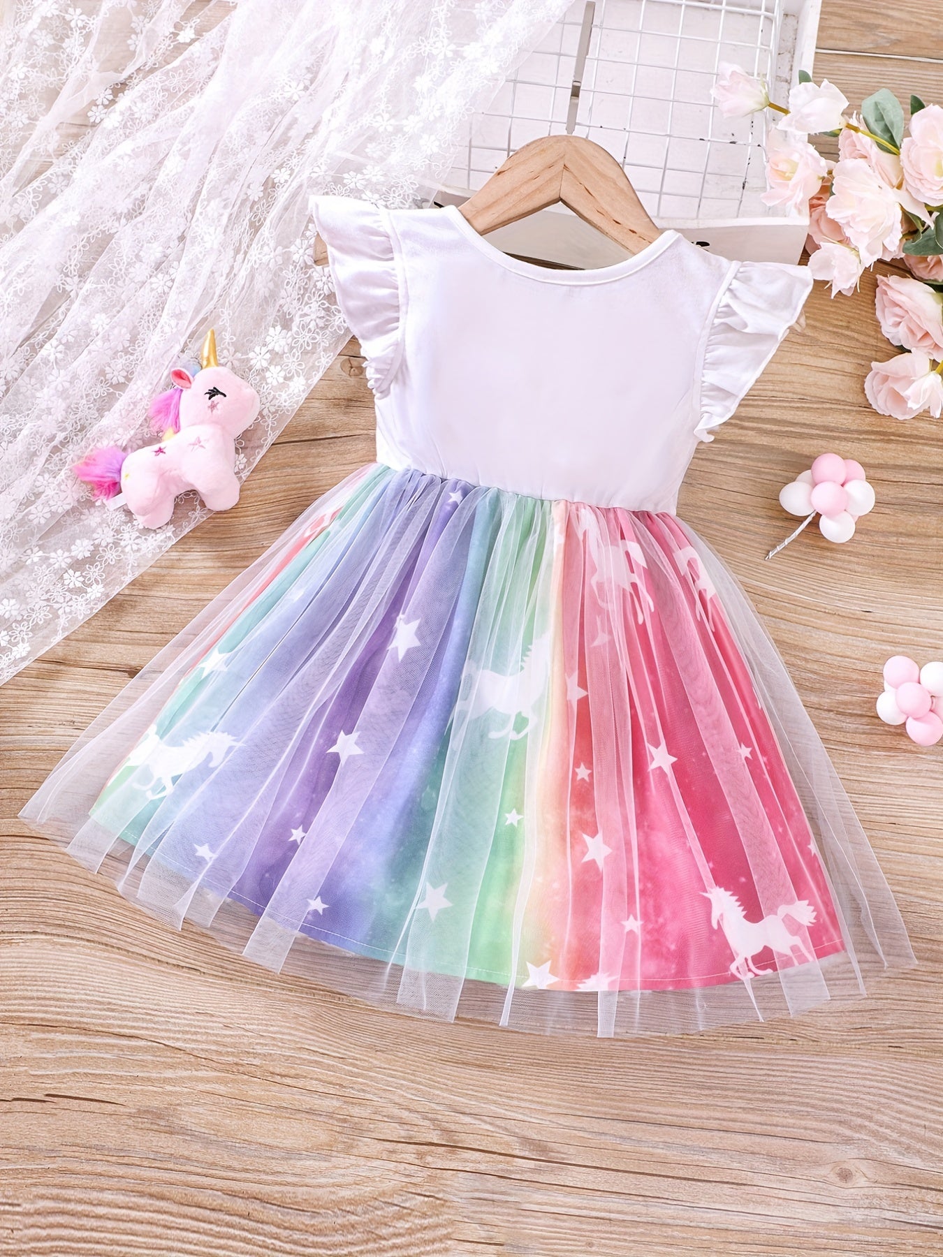 Toddler Girls Cartoon Unicorn Ruffled Sleeveless Round Neck Contrast Mesh Dress Kids Summer Clothes