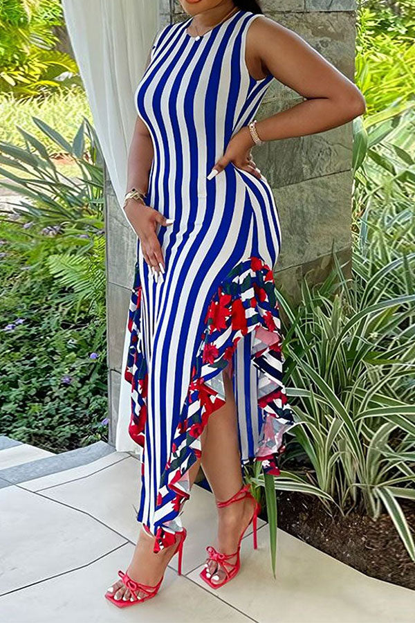 storexq Striped & Floral Print Urban Side Split Midi Dress