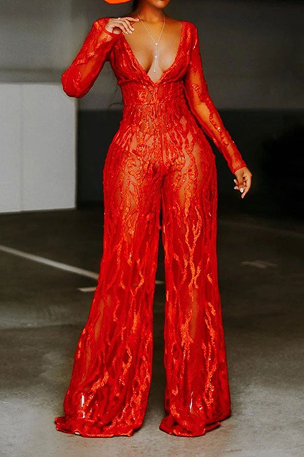 storexq Red Floral Lace V Neck Unique See-Through Wide Leg Jumpsuit