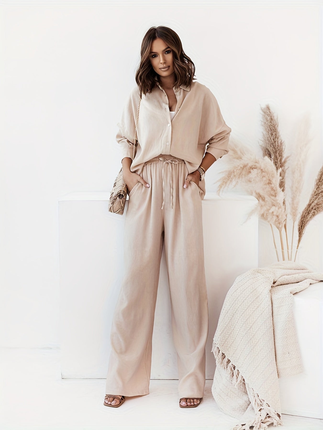 Two-Piece Solid Color Casual Outfit - Long Sleeve Lapel Collar Shirt & High Waist Wide Leg Pants Set with Drawstring Details - Polyester Knit Fabric, Mid Elasticity, Spring/Fall Wear