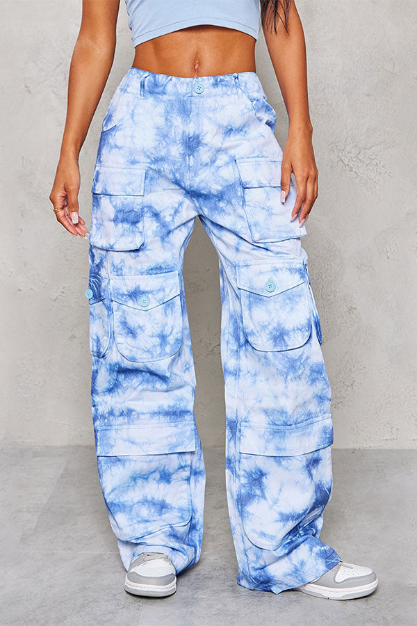 storexq Tie Dye Retro Multi Pocket Straight Jeans