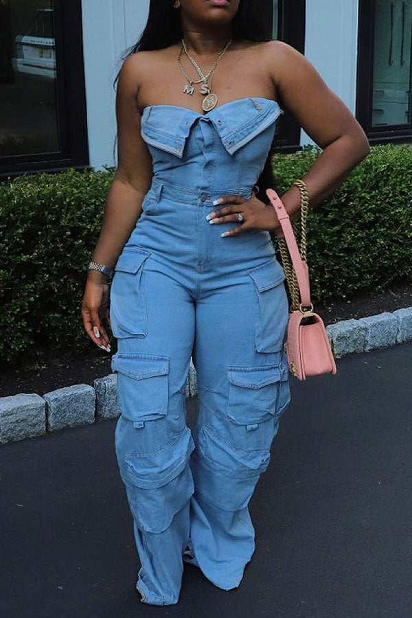 storexq Solid Color Hippy Multi Pocket Denim Jumpsuit