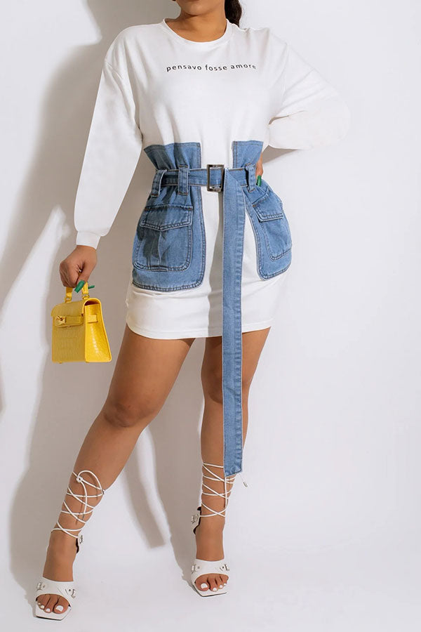 namcoverse Letter Embroidery Modern Denim Patchwork Belted Mini Dress