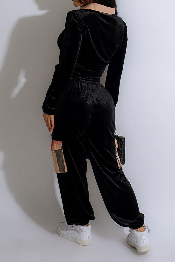 storexq Hit Color Patchwork Casual Patch Pocket Pant Suit