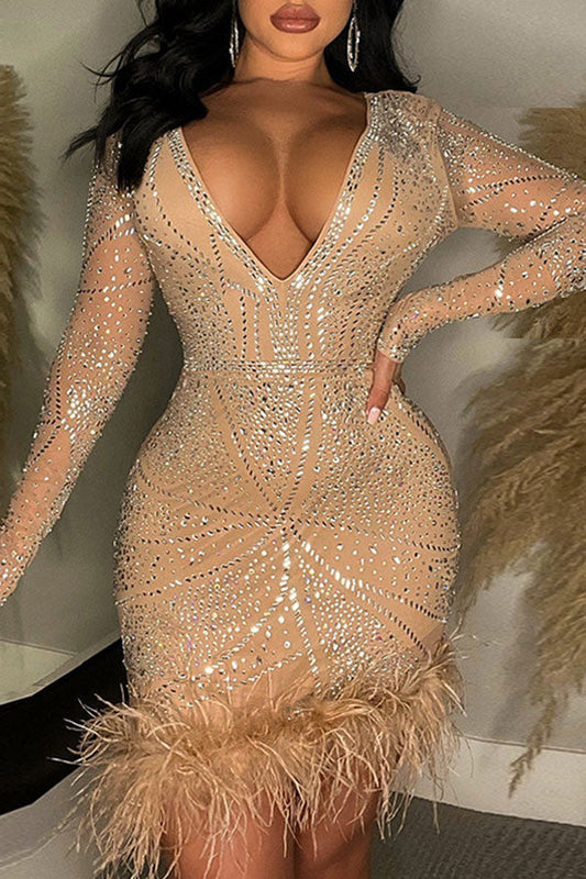 namcoverse Rhinestone Rocking Feather Hem Mini Dress