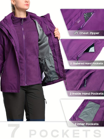 Waterproof Thermal Windproof Jacket - Solid Color Hooded Coat with Zipper Pocket for Fall & Winter, Warm and Breathable Women's Clothing