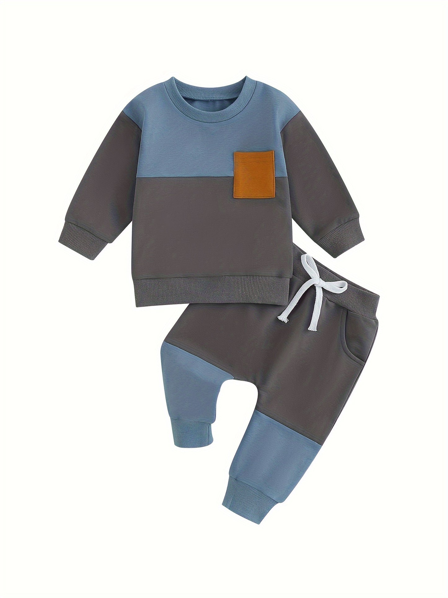 Infant Toddler Baby Boy Clothes Color Block Long Sleeve Sweatshirt Pullover Tops Jogger Pants Set Sweatsuit Fall Winter Outfits 2Pcs