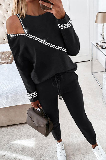 storexq Rhinestone Patchwork Casual Cutout Pant Suit