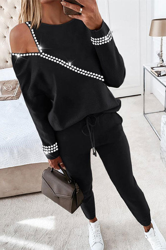 storexq Rhinestone Patchwork Casual Cutout Pant Suit