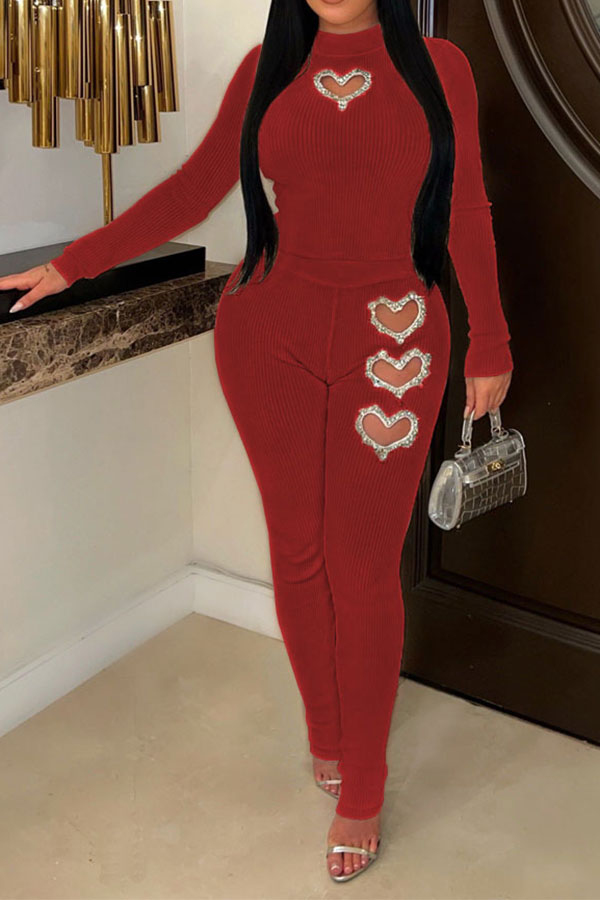 storexq Cutout Heart Rhinestone Design Romantic Bodycon Pant Suit