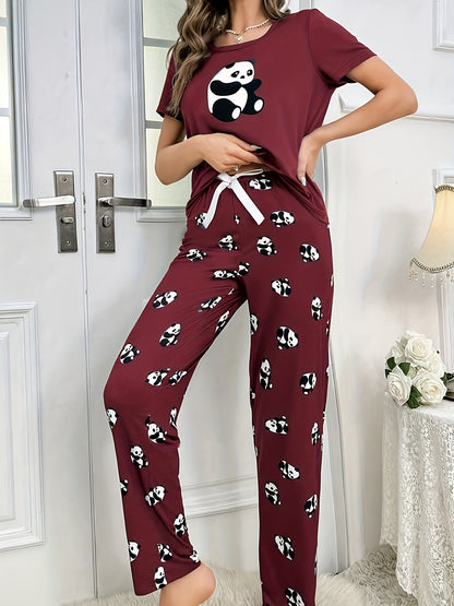 Womens Cute Panda Print Pajama Set - Short Sleeve Round Neck Top & Elastic Pants - Lightweight, Breathable, Perfect for Summer Sleepwear - Cozy, Comfortable Nightwear