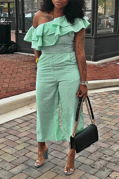 storexq Striped Oblique Collar Pretty Ruffle Jumpsuit