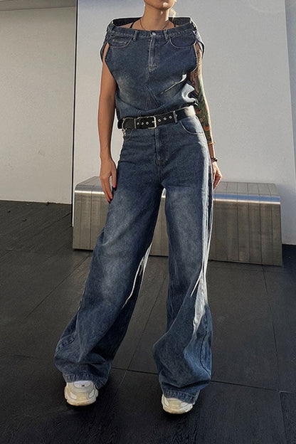 storexq Blue Unusual Belted Wide Leg Denim Pant Suit