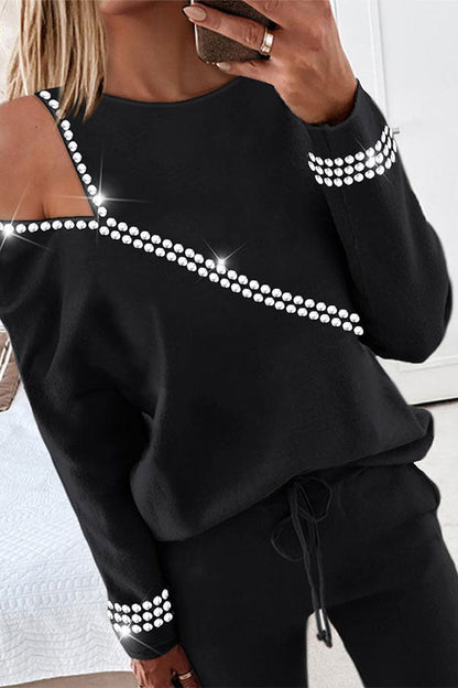 storexq Rhinestone Patchwork Casual Cutout Pant Suit