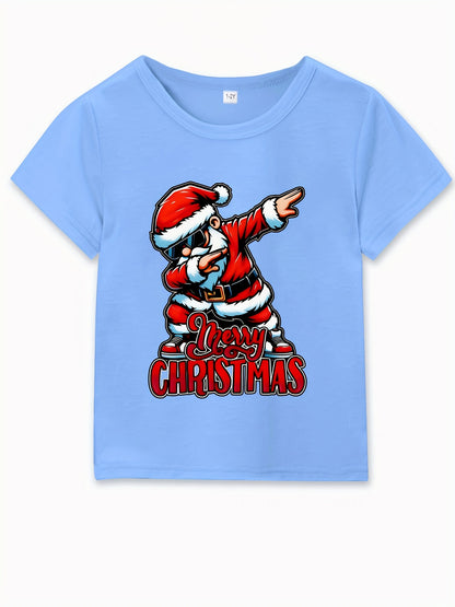 Merry Christmas Santa Print Youngsters' T-Shirt - Casual Short Sleeve Top for Boys & Girls, Perfect for Spring/Summer/Fall