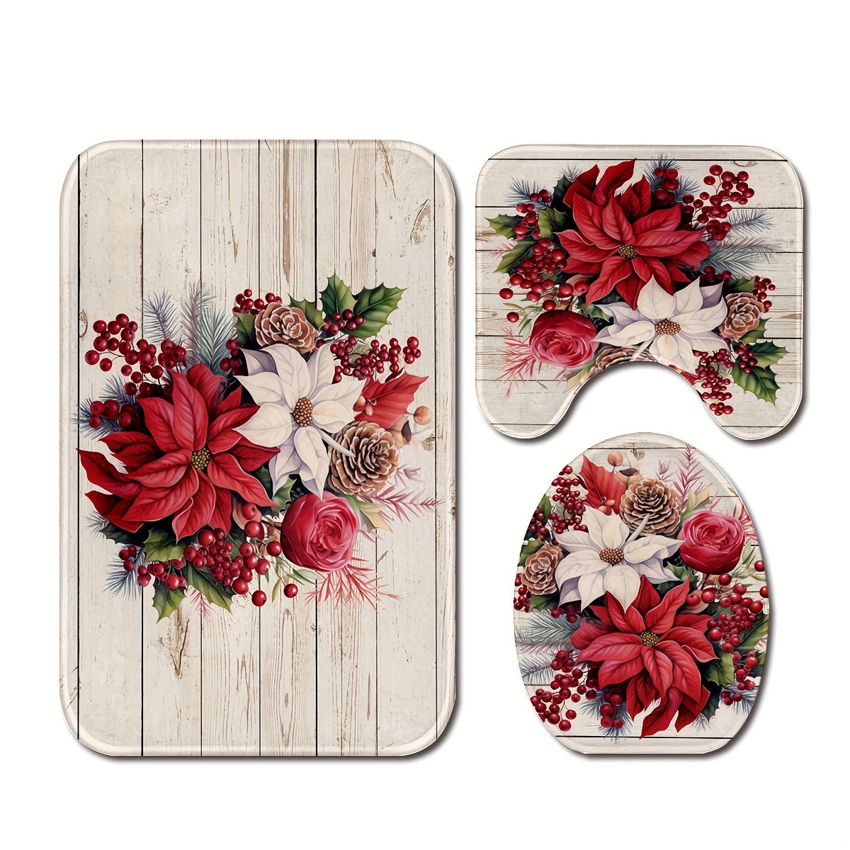 3pcs/set Christmas Flower Pine Cones Printed Floor Mat, Three-piece Bathroom Mat Set, Non-slip Mat, Water-absorbent Mat, Toilet Lid Mat, Toilet U-shaped Mat, Floor Rugs christmas decorations