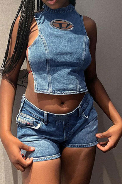 storexq Metal Decor Smart Strappy Open Back Denim Camisole