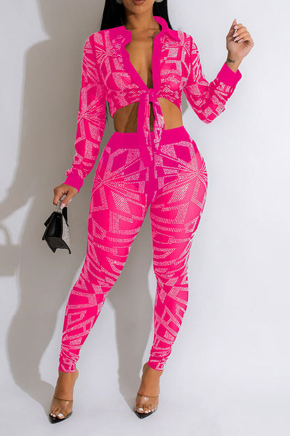 storexq Patchwork Rhinestone Flattering See-Through Pant Suit