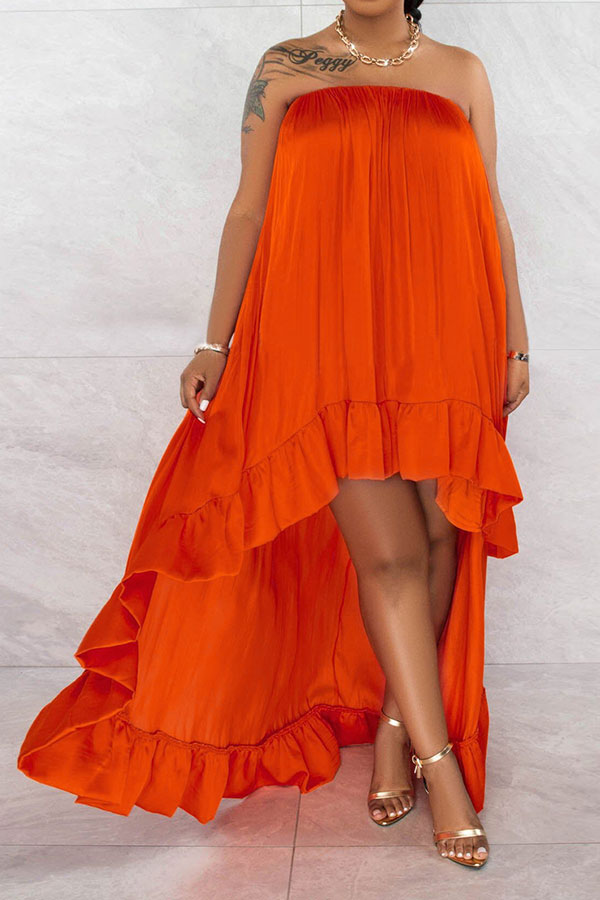 storexq Solid Color Urban Ruffle High Low Maxi Dress