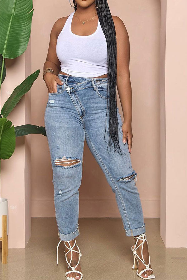 storexq Gradient Chic Ripped Burrs Irregular Jeans