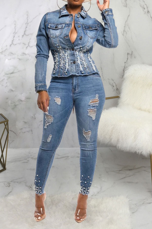 storexq Beaded Decor Girly Burrs Denim Coat