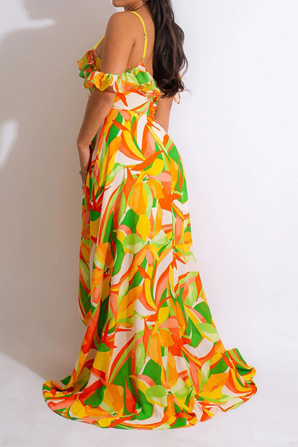 namcoverse Leaf Print Tropical Ruffle Irregular Split Maxi Dress