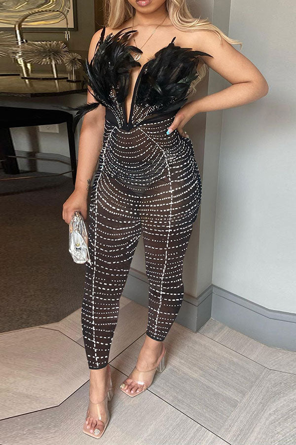 storexq Feather & Rhinestone Luxe See-Through Jumpsuit