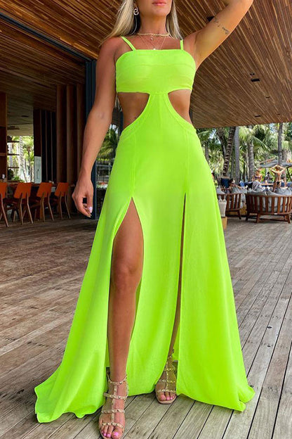 storexq Solid Color Modern Cutout Waist High Split Maxi Dress