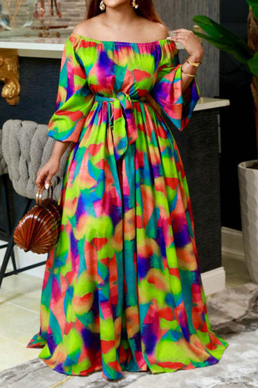 storexq Colorful Abstract Print Off Shoulder Belted Maxi Dress