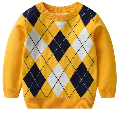 Cozy Boys' Argyle Sweater - Soft Stretchy Long Sleeve Round Neck Pullover Top for Kids - Warm Knit Outdoor Clothing for Winter and Fall