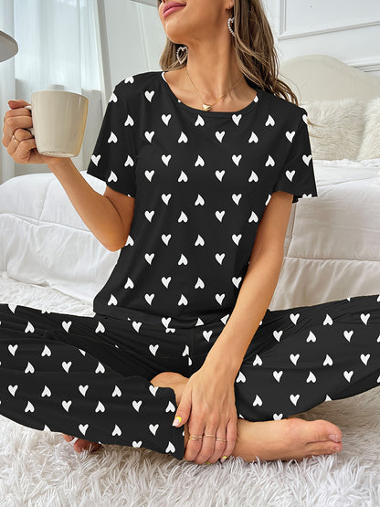 Cozy Heart Print Pajama Set - Soft Micro Elastic Polyester Casual Crew Neck Short Sleeve Top and Pants for Women - Flame Resistant, Random Printing, All Seasons Comfortable Sleepwear