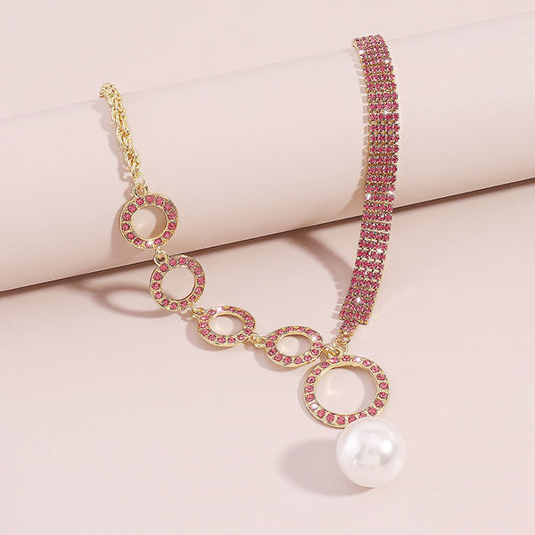 storexq Rhinestone O-ring Design Stunning Faux Pearl Pendant Necklace