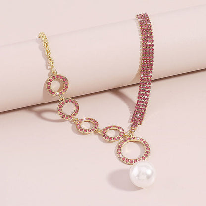 storexq Rhinestone O-ring Design Stunning Faux Pearl Pendant Necklace