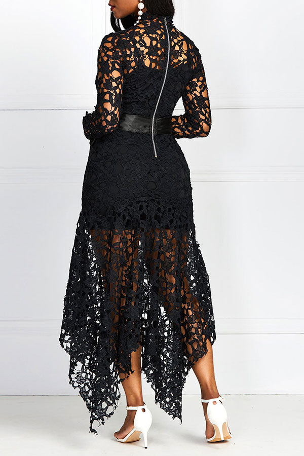 namcoverse Solid Color Lace Elegant Irregular Midi Dress